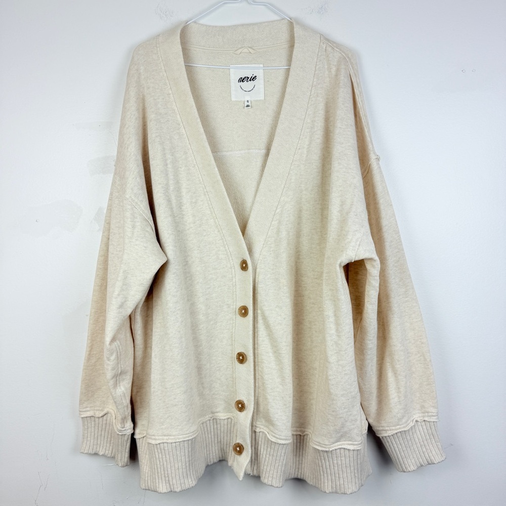 Aerie Cozy Cotton Button Cardigan Beige Oversized Slouchy V-Neck AL